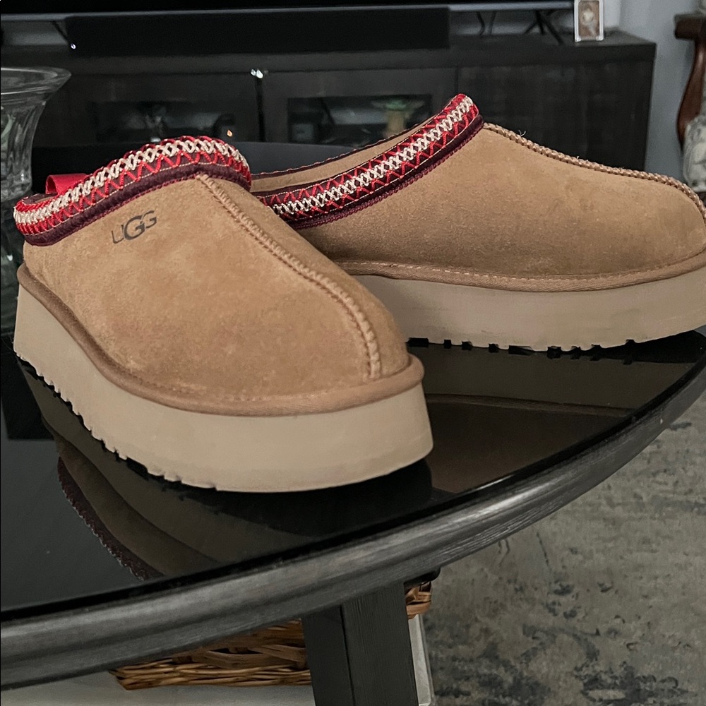 UGG Tan Suede Slip-Ons with Red Accents